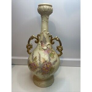 RW Rudolstadt Germany  Double Gold Handle  Floral  Vase 12” Tall